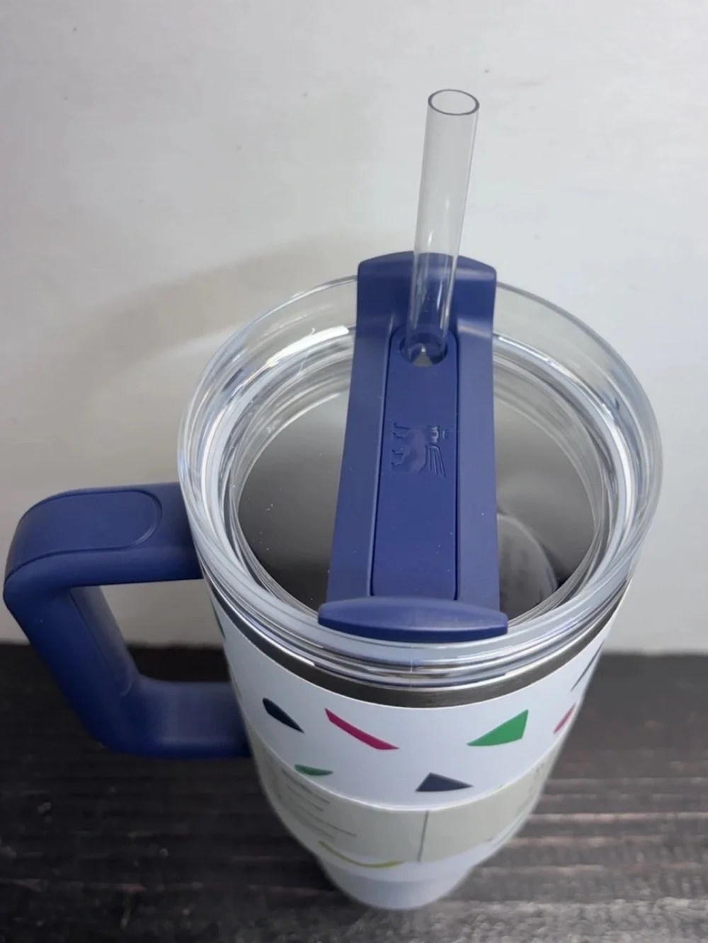 Stanley White Tumbler with Navy Handle and Colorful Confetti Accents